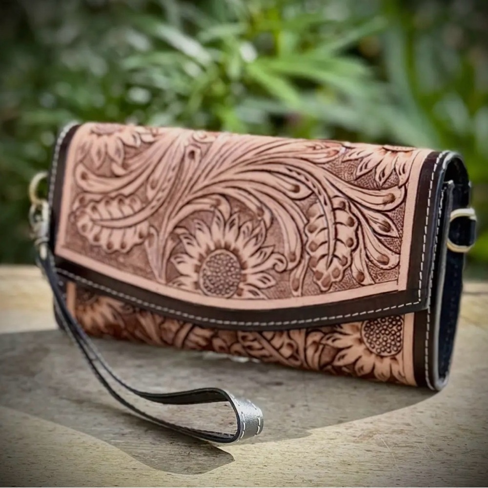 Floral Embossed Leather Clutch - Crossbody Strap Brown